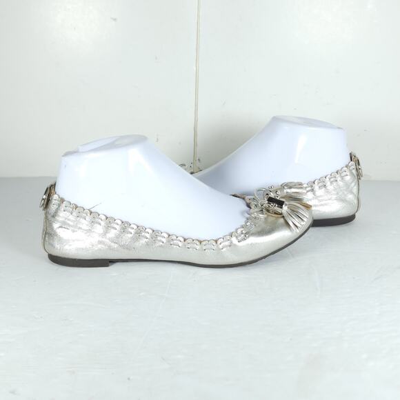 TORY BURCH Women's Reese US 6,5M Silver Leather Tassels Logo SlipOn Ballet Flats - Picture 8 of 16